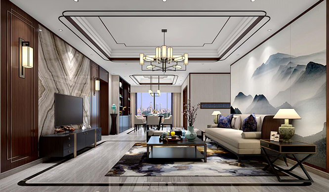 碧源月湖130平新中式风格三居室装修效果图